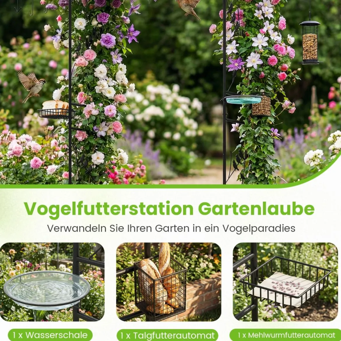 213 cm Gartenlauben-Futterstation robuster Gartenbogen mit Wasserschale Gittertablett Fettfutterspender Schwarz