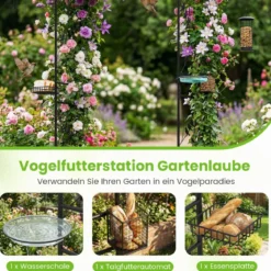 213 cm Gartenlauben-Futterstation robuster Gartenbogen mit Wasserschale Gittertablett Fettfutterspender Schwarz
