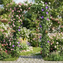 213 cm Gartenlauben-Futterstation robuster Gartenbogen mit Wasserschale Gittertablett Fettfutterspender Schwarz