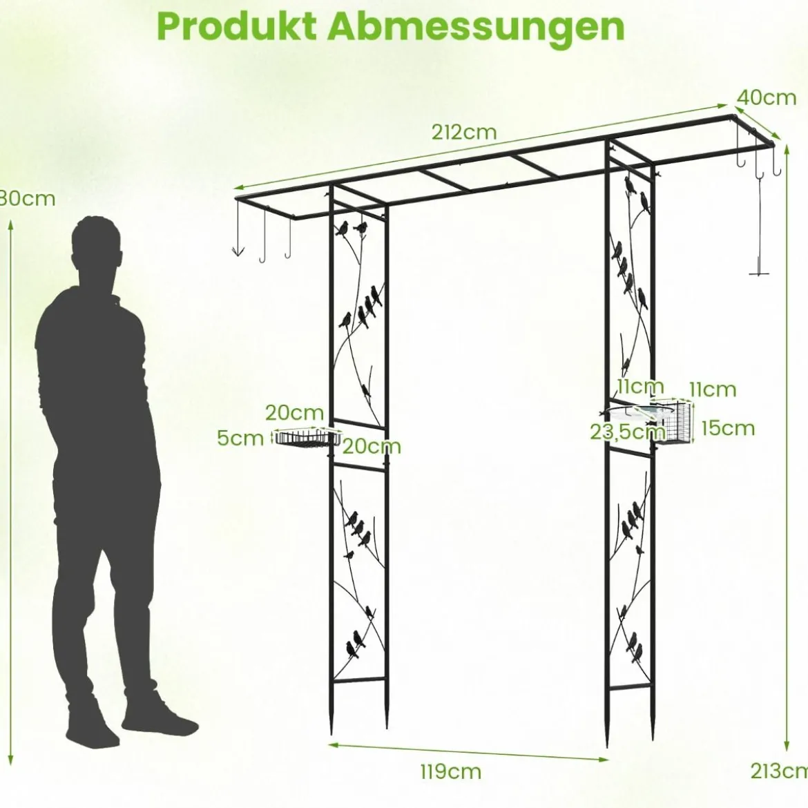 213 cm Gartenlauben-Futterstation robuster Gartenbogen mit Wasserschale Gittertablett Fettfutterspender Schwarz