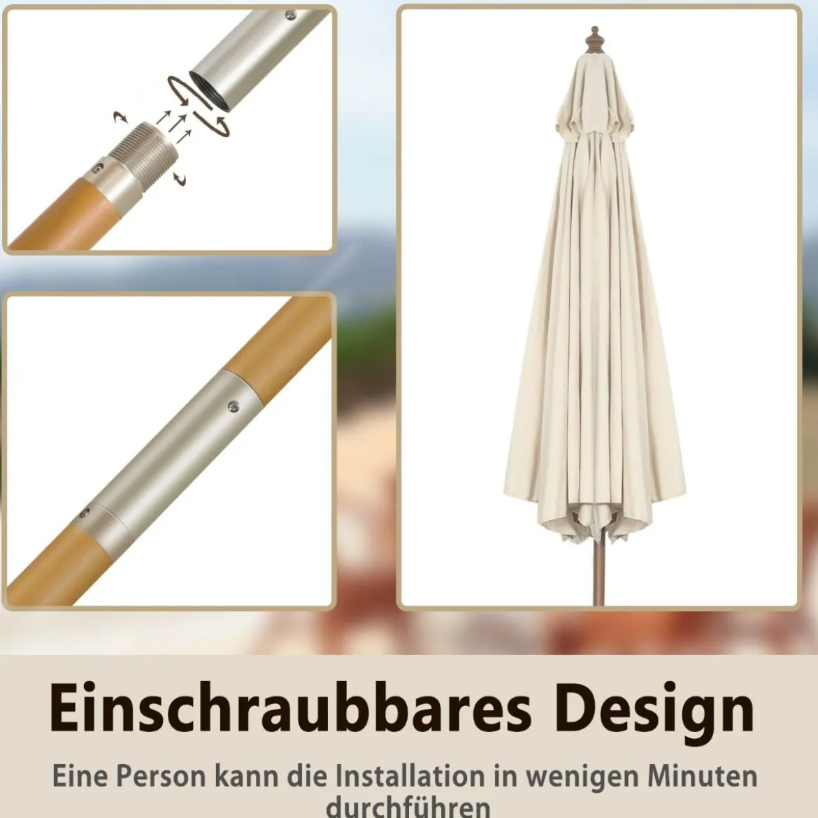 300 cm Gartenschirm aus Holz Beidseitig um 30° Knickbar Beige