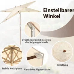 300 cm Gartenschirm aus Holz Beidseitig um 30° Knickbar Beige