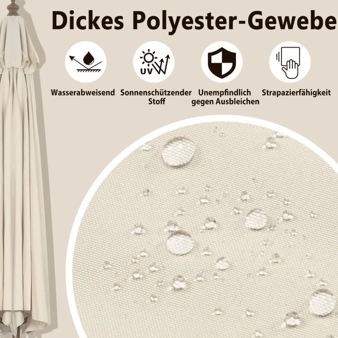 300 cm Gartenschirm aus Holz Beidseitig um 30° Knickbar Beige