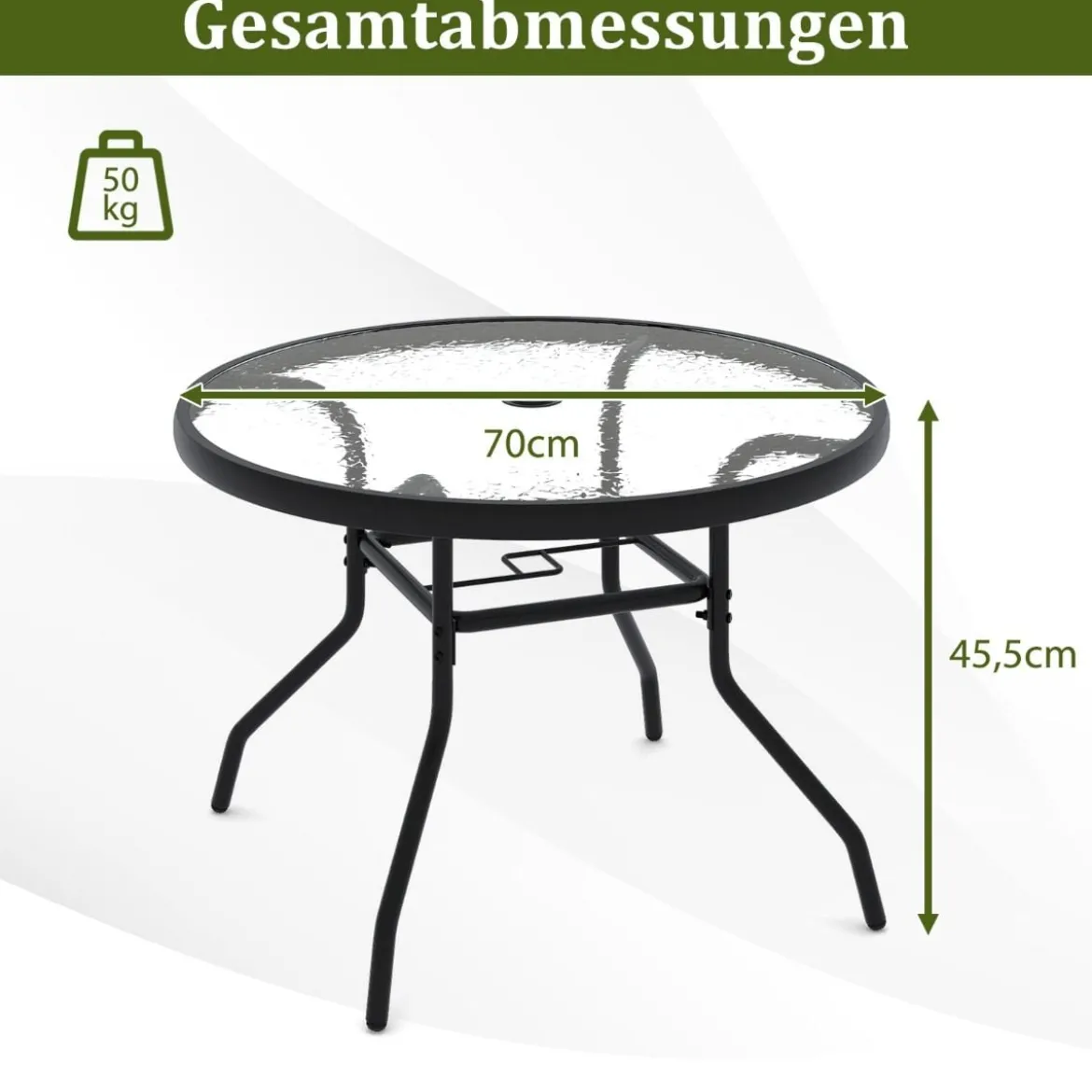 Ø 70 cm Gartentisch mit Schirmloch & Glasplatte Outdoor Beistelltisch Runder Kaffeetisch Balkontisch