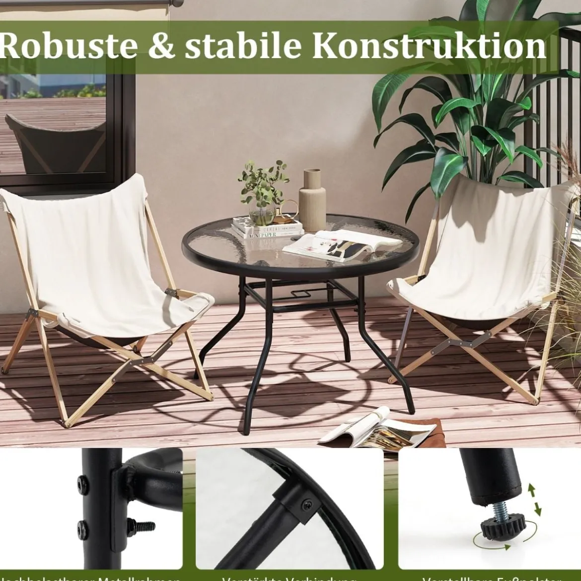 Ø 70 cm Gartentisch mit Schirmloch & Glasplatte Outdoor Beistelltisch Runder Kaffeetisch Balkontisch