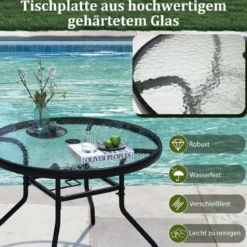 Ø 70 cm Gartentisch mit Schirmloch & Glasplatte Outdoor Beistelltisch Runder Kaffeetisch Balkontisch