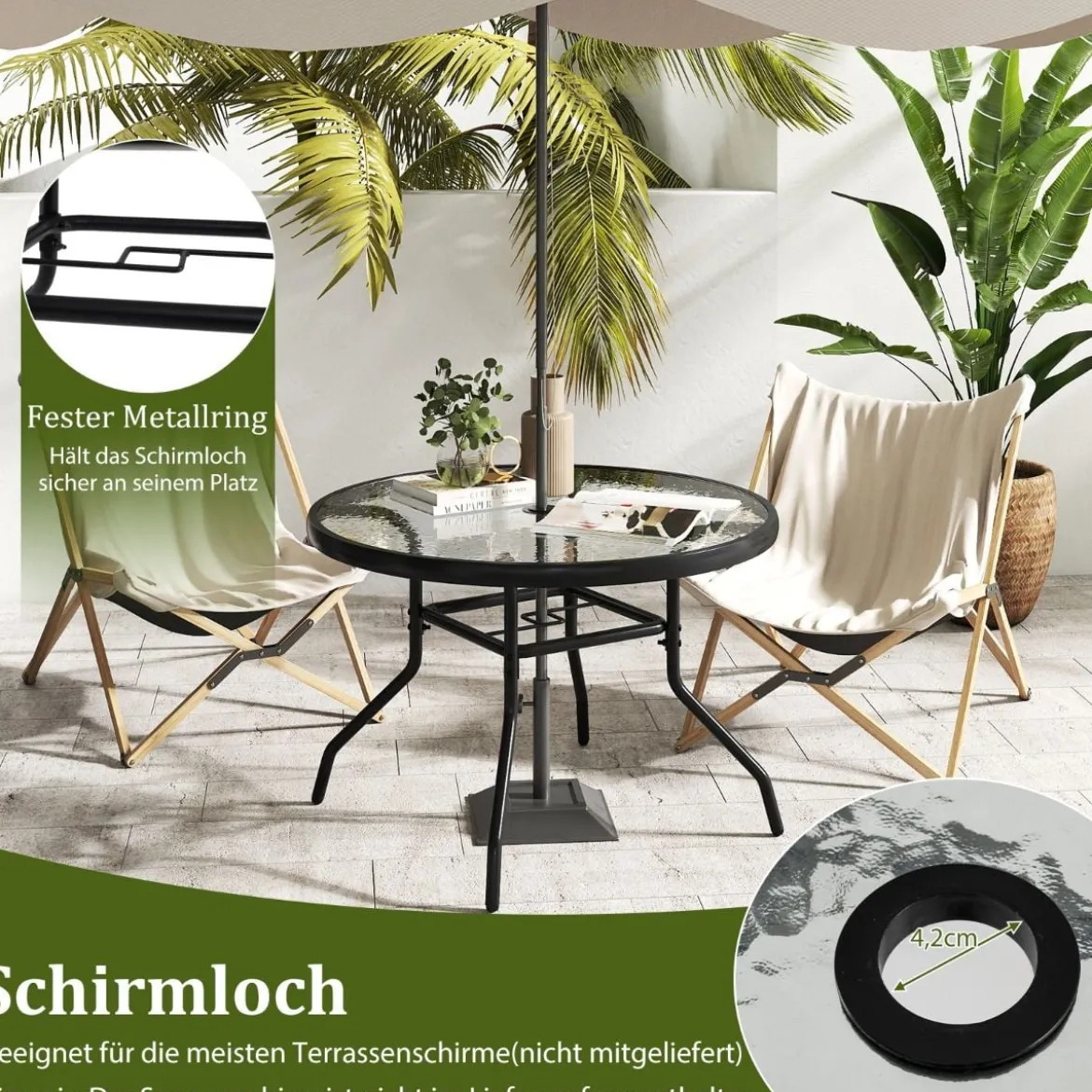 Ø 70 cm Gartentisch mit Schirmloch & Glasplatte Outdoor Beistelltisch Runder Kaffeetisch Balkontisch