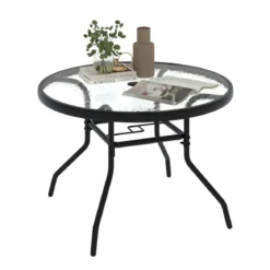 Ø 70 cm Gartentisch mit Schirmloch & Glasplatte Outdoor Beistelltisch Runder Kaffeetisch Balkontisch