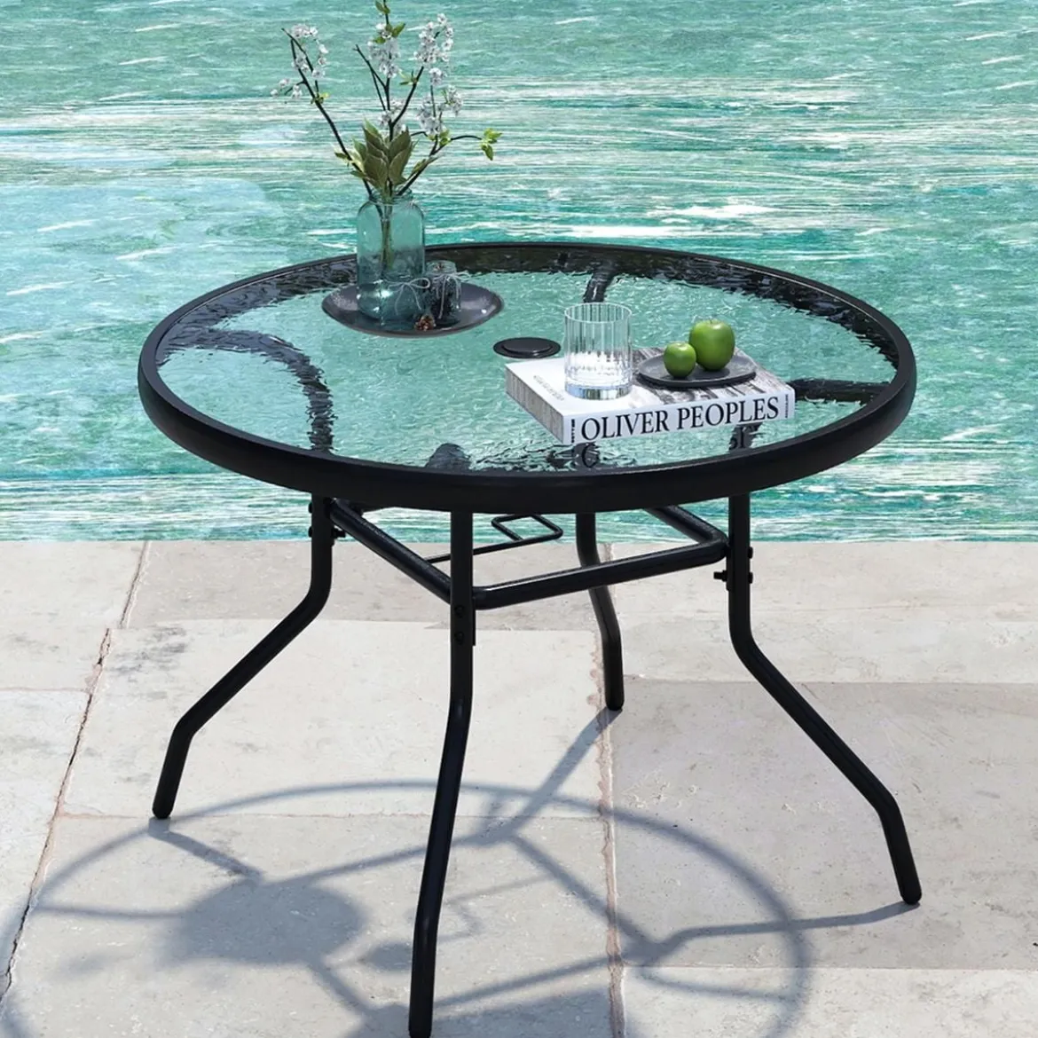 Ø 70 cm Gartentisch mit Schirmloch & Glasplatte Outdoor Beistelltisch Runder Kaffeetisch Balkontisch