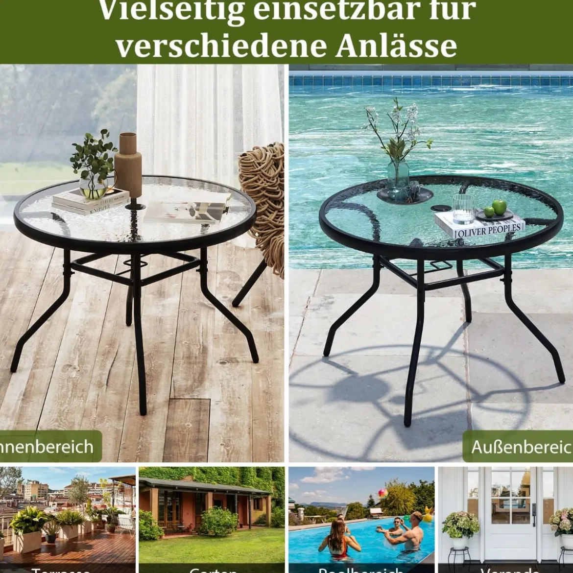 Ø 70 cm Gartentisch mit Schirmloch & Glasplatte Outdoor Beistelltisch Runder Kaffeetisch Balkontisch