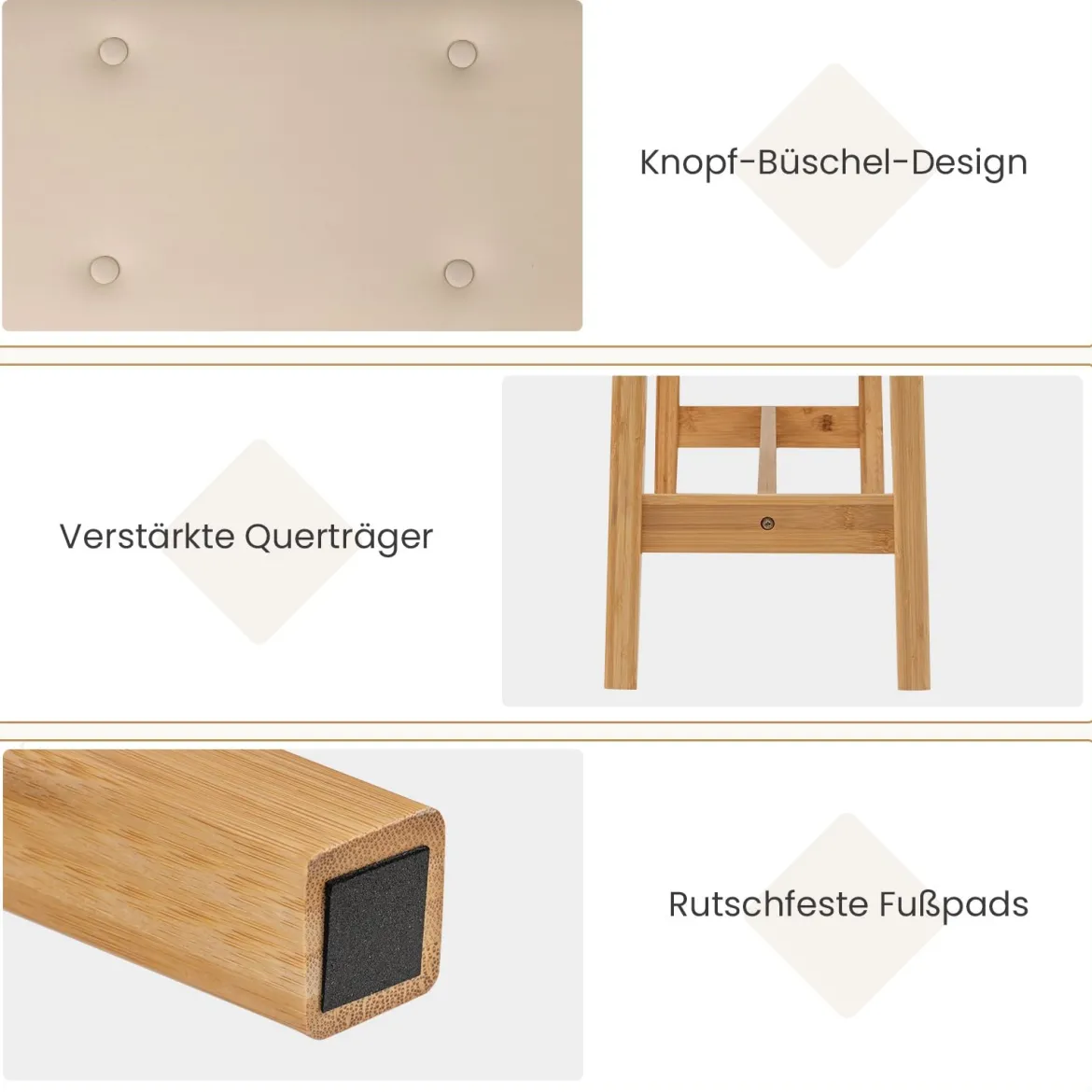 100 Cm Gepolsterte Bambus Bank Kunstleder Schuhbank Bettbank Für Schlafzimmer Esszimmer Flur Beige