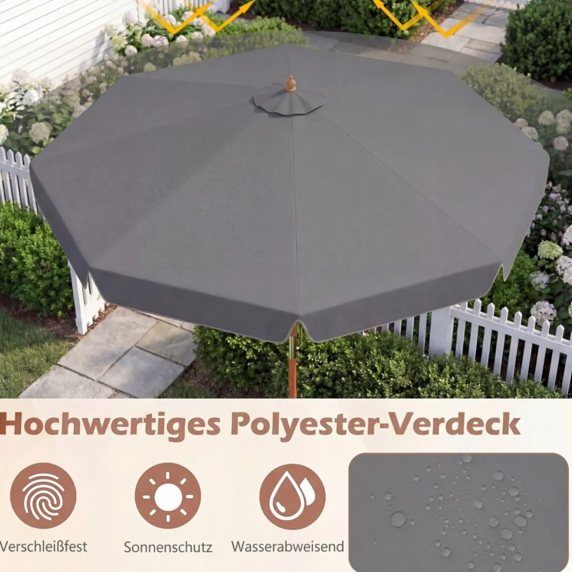 300 cm gezackter Sonnenschirm Marktschirm mit Neigemechanismus Gartenschirm mit Holzstab Graun/Braun/Beige