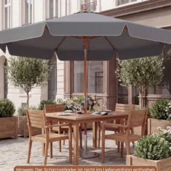 300 cm gezackter Sonnenschirm Marktschirm mit Neigemechanismus Gartenschirm mit Holzstab Graun/Braun/Beige