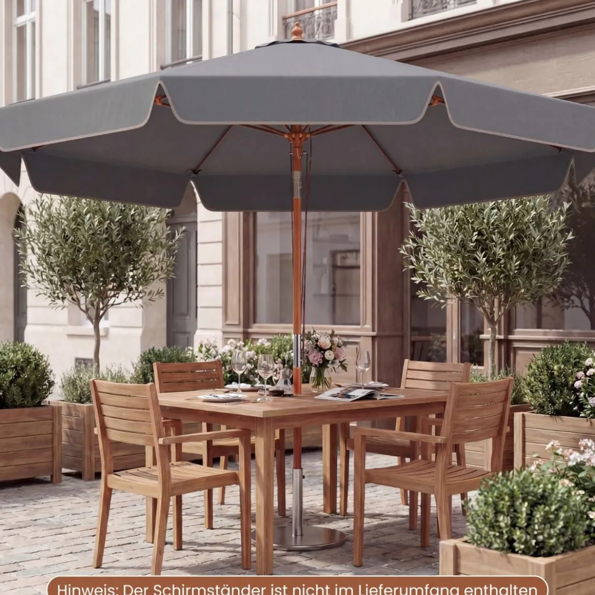 300 cm gezackter Sonnenschirm Marktschirm mit Neigemechanismus Gartenschirm mit Holzstab Graun/Braun/Beige