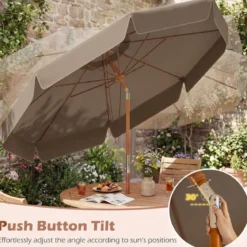 300 cm gezackter Sonnenschirm Marktschirm mit Neigemechanismus Gartenschirm mit Holzstab Graun/Braun/Beige