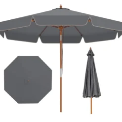 300 cm gezackter Sonnenschirm Marktschirm mit Neigemechanismus Gartenschirm mit Holzstab Graun/Braun/Beige