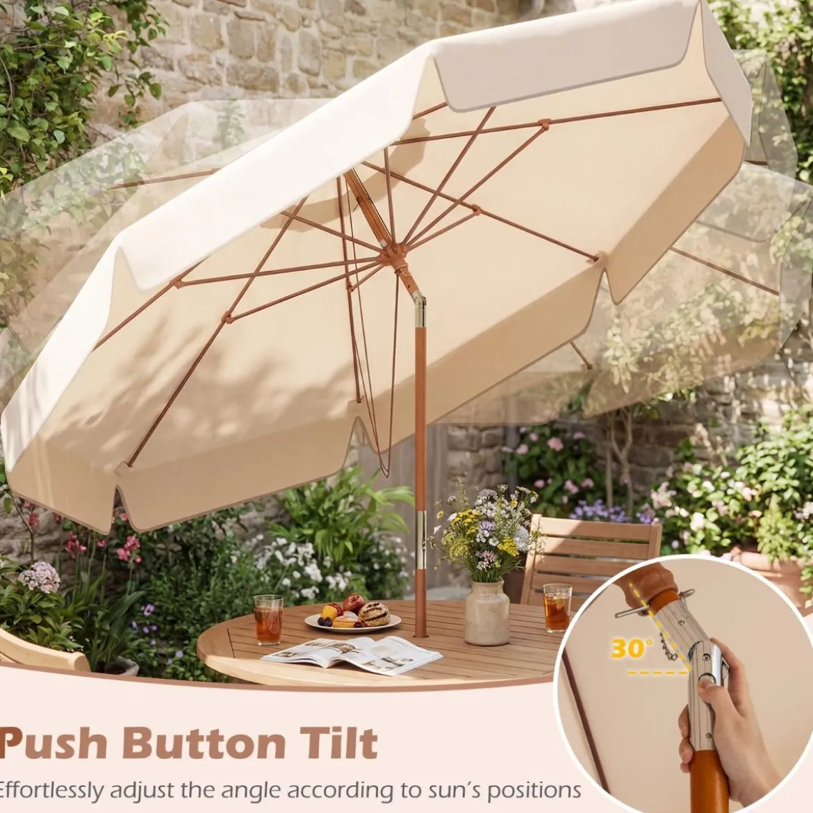 300 cm gezackter Sonnenschirm Marktschirm mit Neigemechanismus Gartenschirm mit Holzstab Graun/Braun/Beige