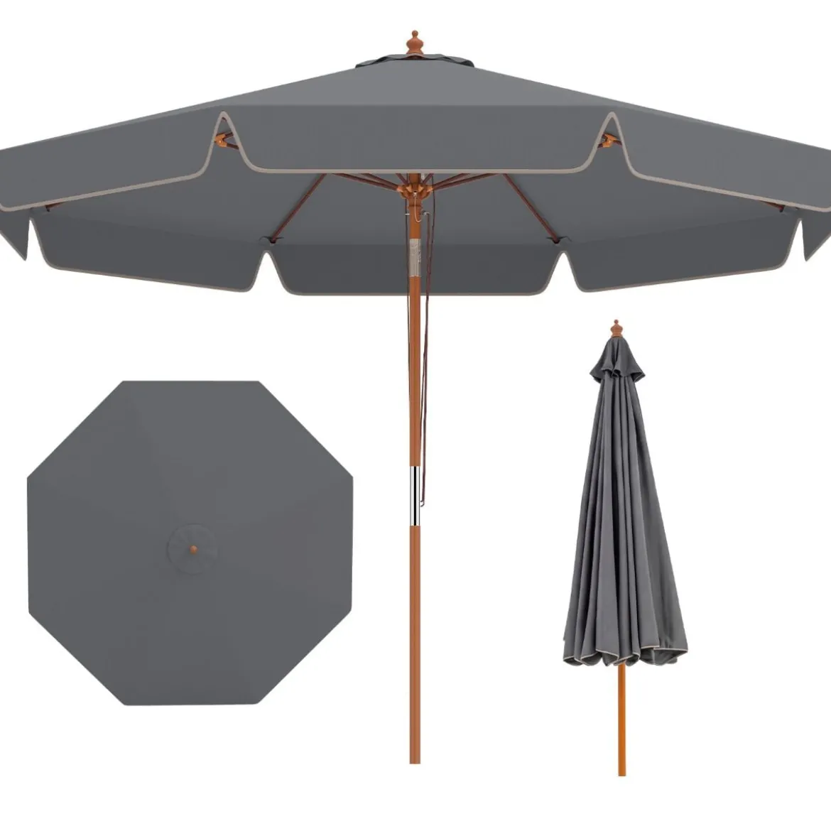 300 cm gezackter Sonnenschirm Marktschirm mit Neigemechanismus Gartenschirm mit Holzstab Graun/Braun/Beige