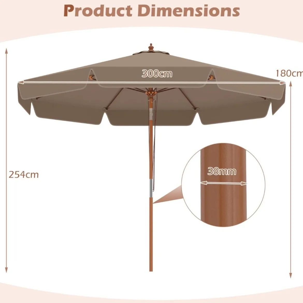 300 cm gezackter Sonnenschirm Marktschirm mit Neigemechanismus Gartenschirm mit Holzstab Graun/Braun/Beige
