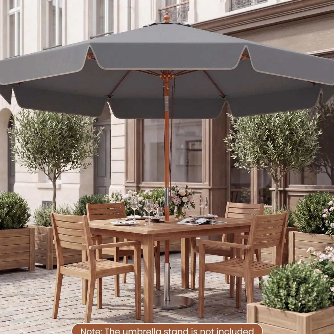 300 cm gezackter Sonnenschirm Marktschirm mit Neigemechanismus Gartenschirm mit Holzstab Graun/Braun/Beige