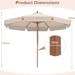 300 cm gezackter Sonnenschirm Marktschirm mit Neigemechanismus Gartenschirm mit Holzstab Graun/Braun/Beige