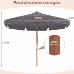 300 cm gezackter Sonnenschirm Marktschirm mit Neigemechanismus Gartenschirm mit Holzstab Graun/Braun/Beige
