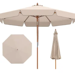 300 cm gezackter Sonnenschirm Marktschirm mit Neigemechanismus Gartenschirm mit Holzstab Graun/Braun/Beige