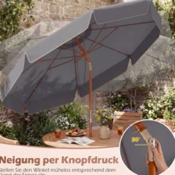 300 cm gezackter Sonnenschirm Marktschirm mit Neigemechanismus Gartenschirm mit Holzstab Graun/Braun/Beige
