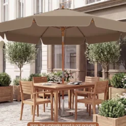 300 cm gezackter Sonnenschirm Marktschirm mit Neigemechanismus Gartenschirm mit Holzstab Graun/Braun/Beige