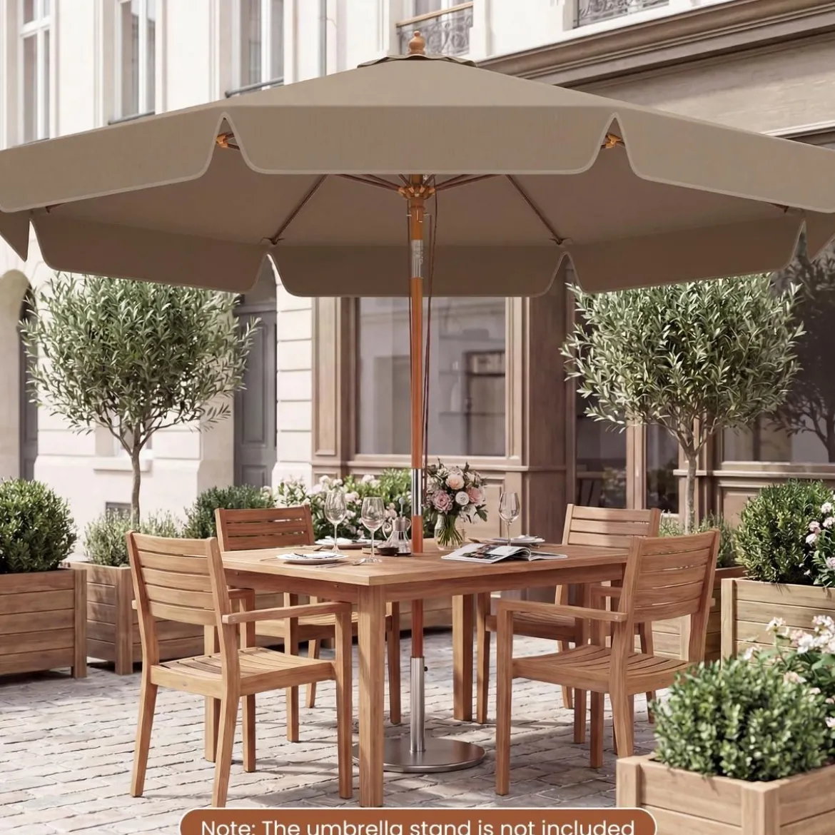 300 cm gezackter Sonnenschirm Marktschirm mit Neigemechanismus Gartenschirm mit Holzstab Graun/Braun/Beige