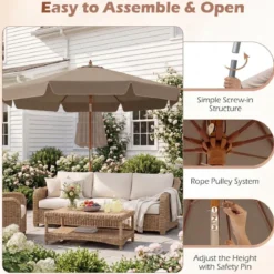 300 cm gezackter Sonnenschirm Marktschirm mit Neigemechanismus Gartenschirm mit Holzstab Graun/Braun/Beige