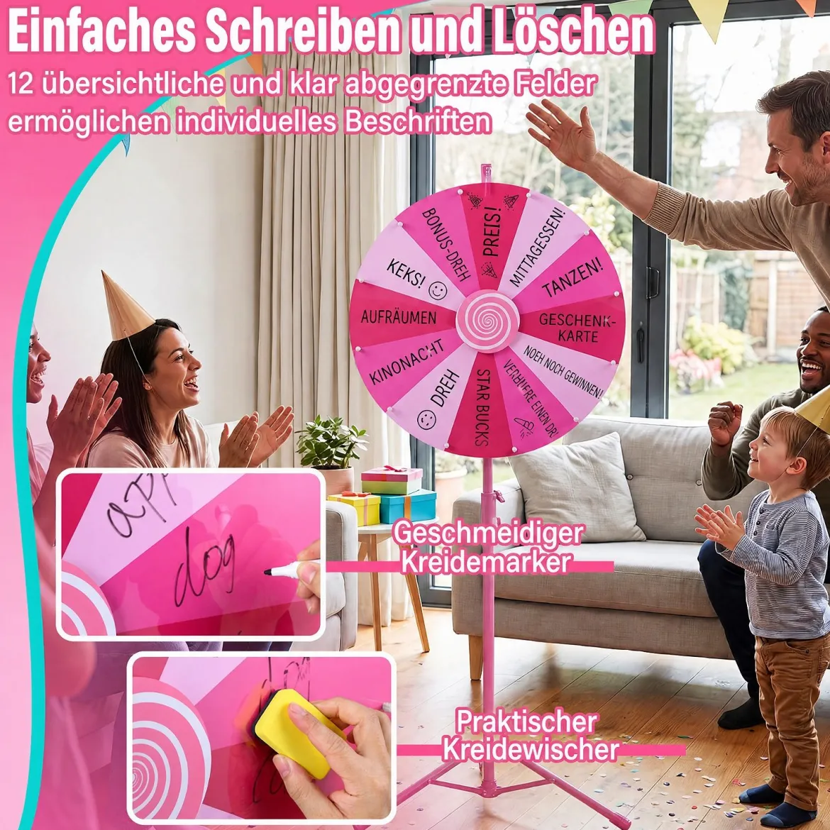 60 cm Glücksrad mit 12 Fächern & Klappbarem Höhenverstellbarem Dreibein-Ständer Rosa