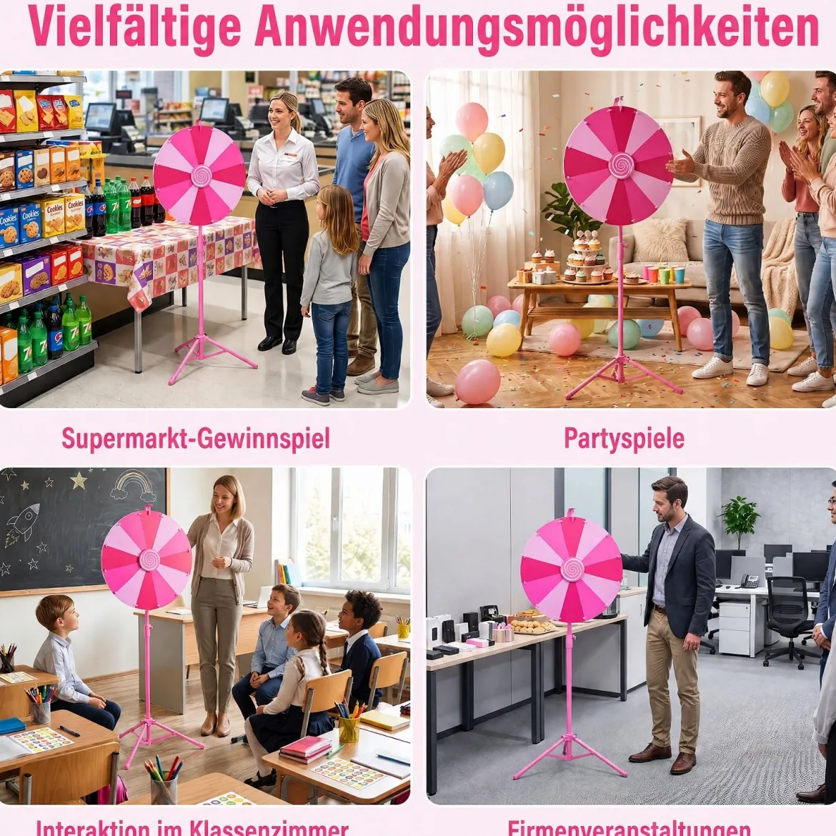 60 cm Glücksrad mit 12 Fächern & Klappbarem Höhenverstellbarem Dreibein-Ständer Rosa