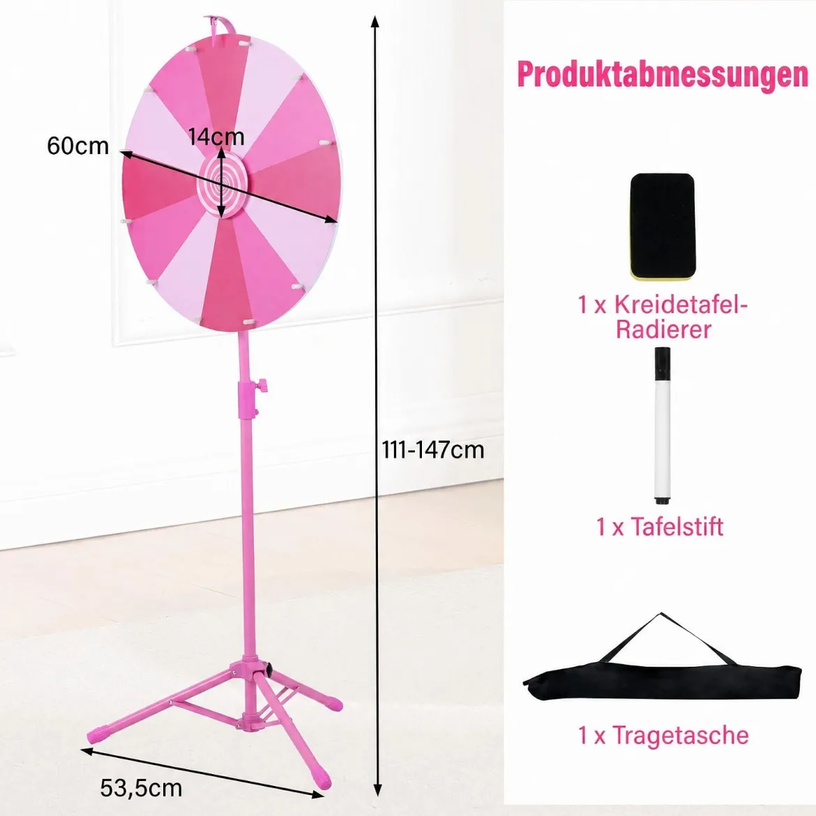 60 cm Glücksrad mit 12 Fächern & Klappbarem Höhenverstellbarem Dreibein-Ständer Rosa