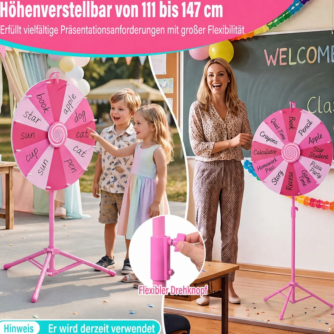 60 cm Glücksrad mit 12 Fächern & Klappbarem Höhenverstellbarem Dreibein-Ständer Rosa