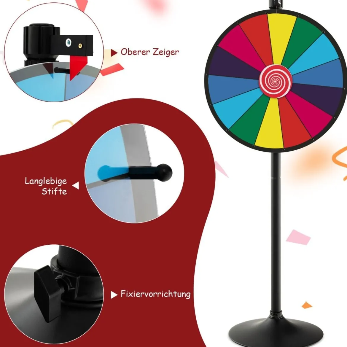 Ø60 cm Glücksrad mit Ständer Preisrad Höhenverstellbares Gewinnspielrad Bunt