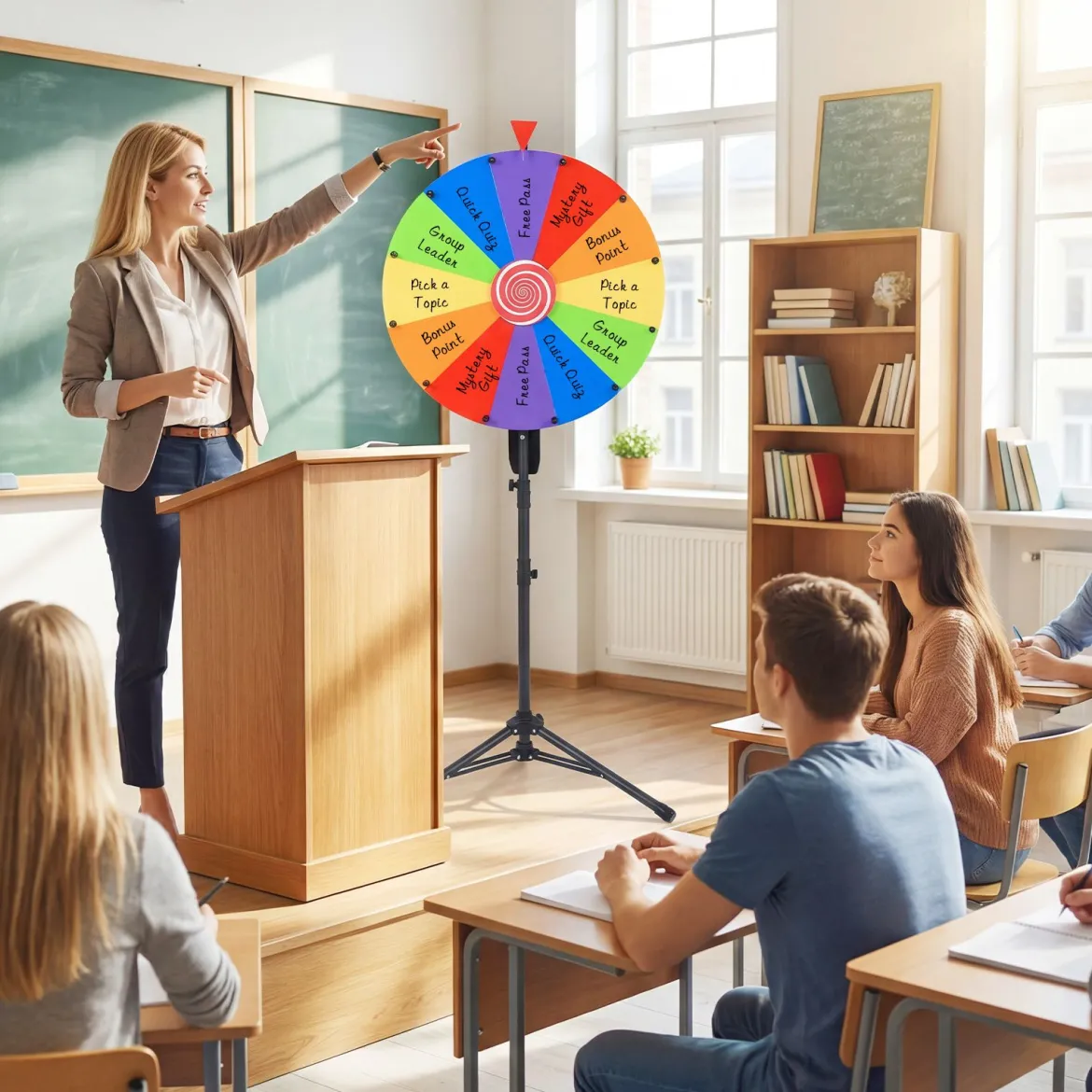 Φ 75 cm Glücksrad zum Drehen mit 12 abwischbaren Feldern Höhenverstellbar 134–171 cm Bunt