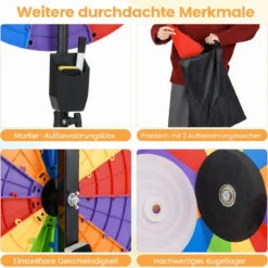 Φ 75 cm Glücksrad zum Drehen mit 12 abwischbaren Feldern Höhenverstellbar 134–171 cm Bunt