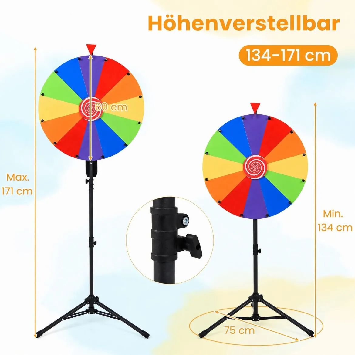 Φ 75 cm Glücksrad zum Drehen mit 12 abwischbaren Feldern Höhenverstellbar 134–171 cm Bunt