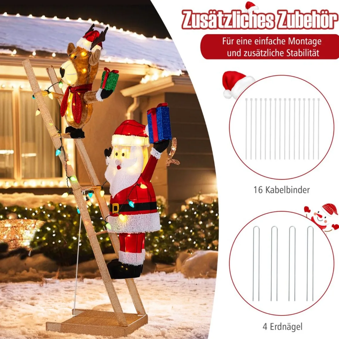 166 cm groß Beleuchtetes Rentier & Weihnachtsmann auf Leiter mit 100 LED-Lichtern XXL