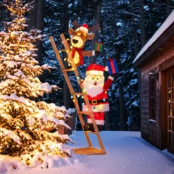 166 cm groß Beleuchtetes Rentier & Weihnachtsmann auf Leiter mit 100 LED-Lichtern XXL