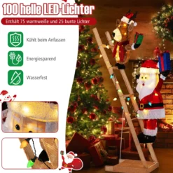 166 cm groß Beleuchtetes Rentier & Weihnachtsmann auf Leiter mit 100 LED-Lichtern XXL