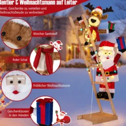 166 cm groß Beleuchtetes Rentier & Weihnachtsmann auf Leiter mit 100 LED-Lichtern XXL