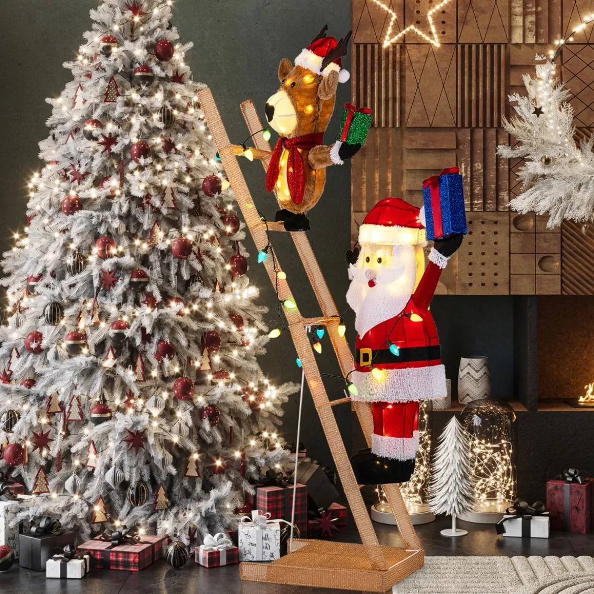 166 cm groß Beleuchtetes Rentier & Weihnachtsmann auf Leiter mit 100 LED-Lichtern XXL