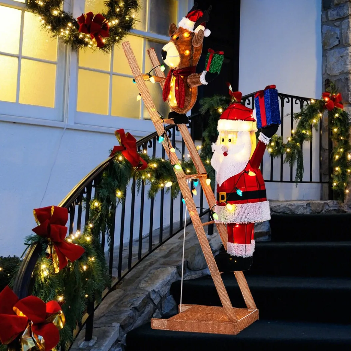 166 cm groß Beleuchtetes Rentier & Weihnachtsmann auf Leiter mit 100 LED-Lichtern XXL