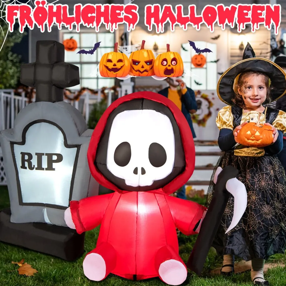 150 cm großer Aufblasbarer Halloweengeist mit Sichel und Grabstein mit LED-Lichtern