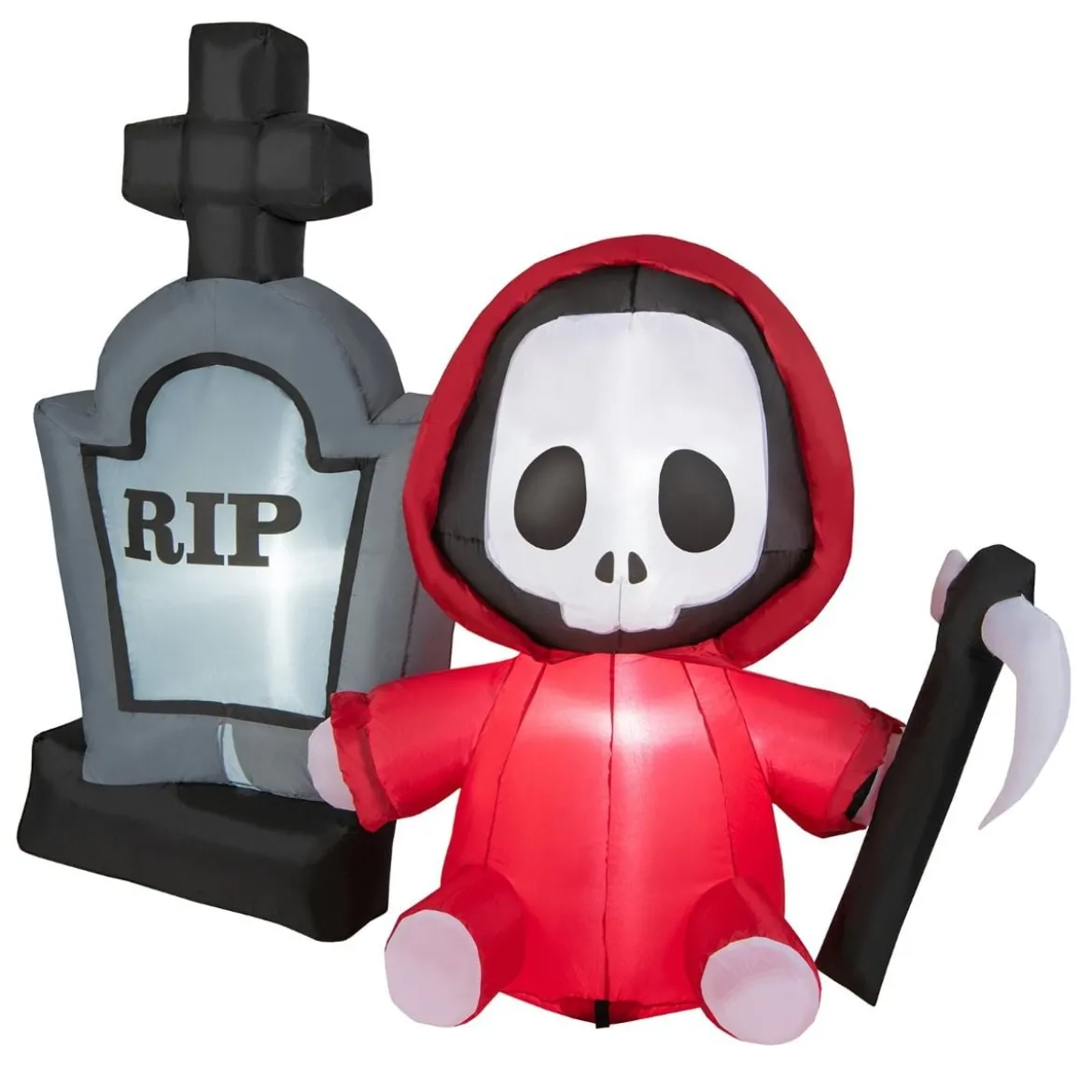 150 cm großer Aufblasbarer Halloweengeist mit Sichel und Grabstein mit LED-Lichtern