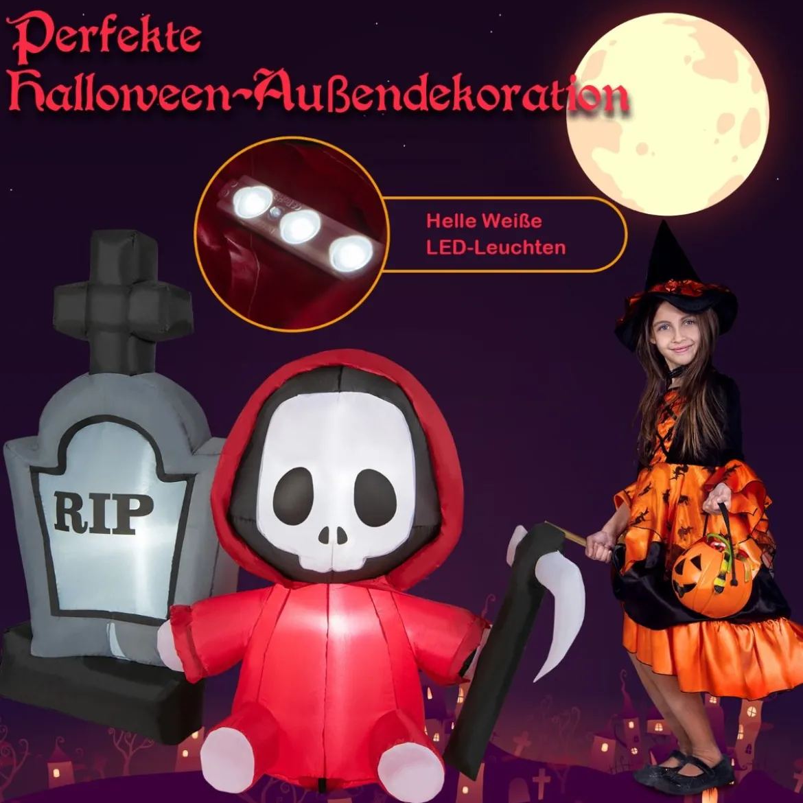 150 cm großer Aufblasbarer Halloweengeist mit Sichel und Grabstein mit LED-Lichtern
