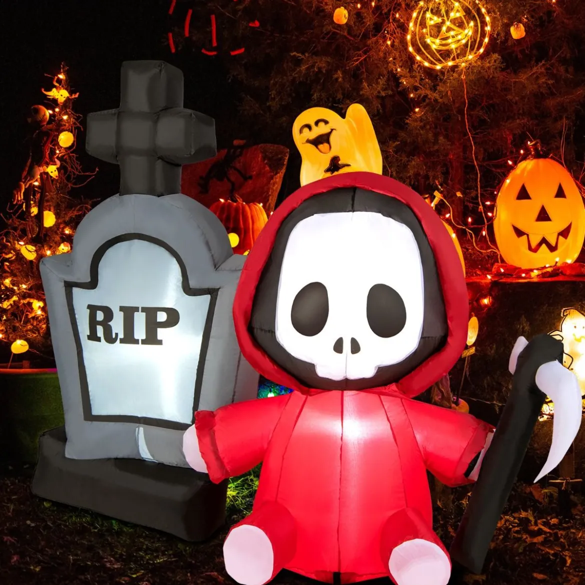 150 cm großer Aufblasbarer Halloweengeist mit Sichel und Grabstein mit LED-Lichtern