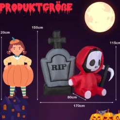 150 cm großer Aufblasbarer Halloweengeist mit Sichel und Grabstein mit LED-Lichtern